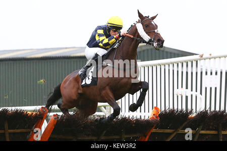 Plumpton, UK. 23 Ott, 2017. Conor O'Farrell e il Keniano cancellare l'ultima per vincere i villaggi di pensionamento novizi' Handicap Hurdle a Plumpton Racecourse. Credito: James Boardman/Alamy Live News Foto Stock