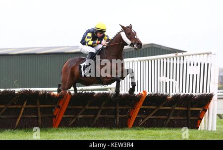 Plumpton, UK. 23 Ott, 2017. Conor O'Farrell e il Keniano cancellare l'ultima per vincere i villaggi di pensionamento novizi' Handicap Hurdle a Plumpton Racecourse. Credito: James Boardman/Alamy Live News Foto Stock