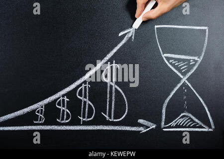 Persona che mostra a mano la crescita del dollaro grafico con clessidra disegnato sulla lavagna Foto Stock