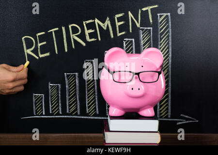 Piggybank con piano di pensionamento il concetto di crescita su lavagna Foto Stock