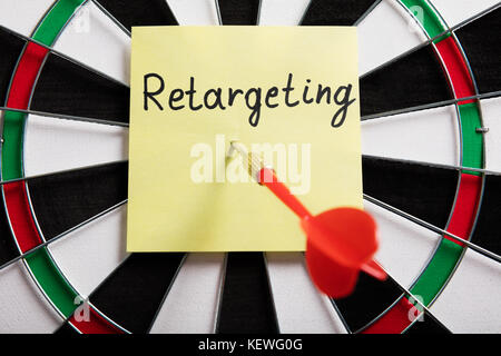 Dart e freccia con Parola di Retargeting su una nota adesiva Foto Stock