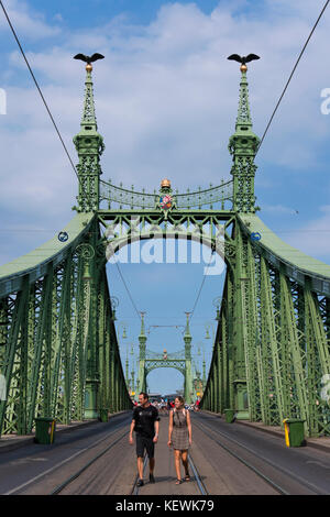 Vista verticale di Szabadság híd o Ponte della Libertà a Budapest. Foto Stock