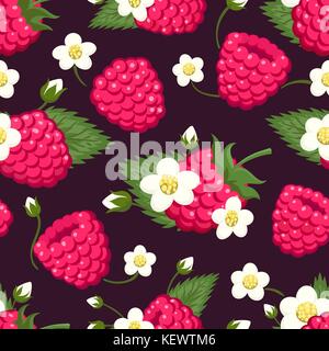 Lampone seamless pattern. colori freschi maturi frutti di bosco con foglie e fiori di design di sfondo per i dolci e la pasticceria, illustrazione vettoriale Illustrazione Vettoriale