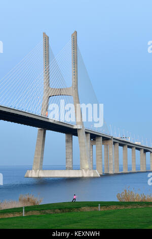 Dal ponte Vasco da Gama sul fiume Tago (Tejo il fiume), il più lungo ponte in Europa. Lisbona, Portogallo Foto Stock