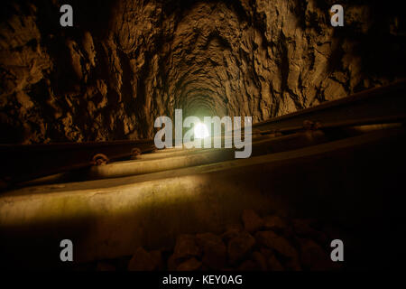 Uscire da darknes - luce alla fine del tunnel, ombra di persone in piedi nel tunnel del treno Foto Stock