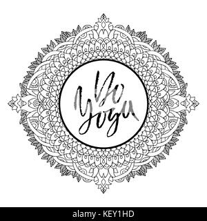 Fare yoga. moderno pennello asciutto lettering calligraphy poster. manoscritta carta tipografia. yoga banner con stile mahdala telaio. illustrazione vettoriale. Illustrazione Vettoriale
