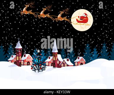 Anno nuovo natale. un'immagine di Babbo Natale e caprioli. winter city alla vigilia del nuovo anno. neve, luna, albero di Natale decorato. illustrazione Illustrazione Vettoriale