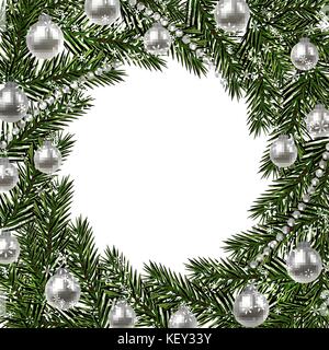 Anno nuovo natale. un ramo verde di abete rosso in un cerchio e fiocchi di neve. argento sfere e perline su uno sfondo bianco. illustrazione isolato Illustrazione Vettoriale