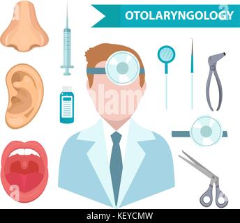 .Otorinolaringoiatria icon set, stile piatto. medico curante orecchio, gola, naso. ent raccolta di elementi di design, isolati su sfondo bianco. Il concetto di medicina. illustrazione vettoriale. Illustrazione Vettoriale