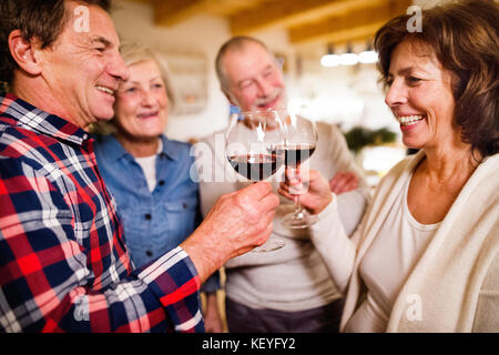 Amici senior con champagne al tempo di Natale, divertendosi. Foto Stock