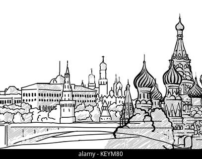 Mosca, Russia famoso disegno di viaggio. Lineart disegno a mano. Biglietto di auguri design, illustrazione vettoriale Illustrazione Vettoriale