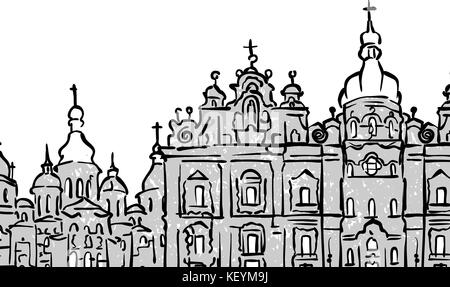 Kiev, Ucraina famoso disegno di viaggio. Lineart disegno a mano. Biglietto di auguri design, illustrazione vettoriale Illustrazione Vettoriale