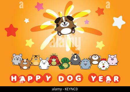Felice anno nuovo per cane per anno di animale simbolo dello zodiaco cinese oroscopo in cartoon vettore illustrazione design Illustrazione Vettoriale