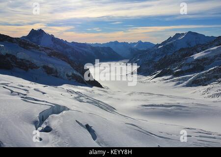 Ghiacciaio di aletsch e montagne. vista dal jungfraujoch, Svizzera. Foto Stock