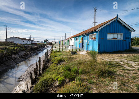 Cabine colorate degli allevamenti di ostriche a la baudissire vicino dolus / Saint-pierre-d'olron, Ile d'olron, Charente-maritime, in Francia, in Europa. Foto Stock