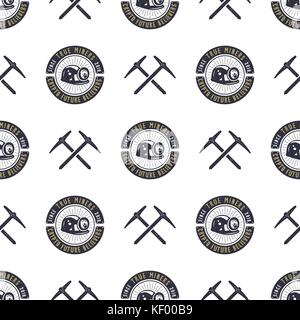 Crypto concetto di data mining seamless pattern, piccone e la carta da parati bitcoin, crypto concetto. risorse digitali sfondo. vintage han disegnato design monocromatico. stock illustrazione vettoriale isolato. Illustrazione Vettoriale