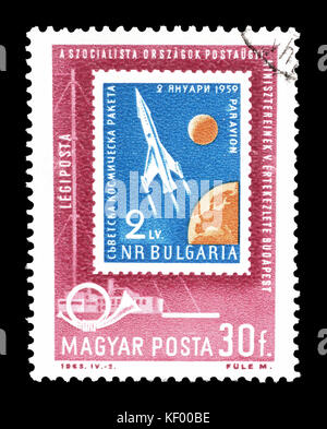 Francobollo cancellato stampato dall'Ungheria, che mostra il francobollo bulgaro. Foto Stock