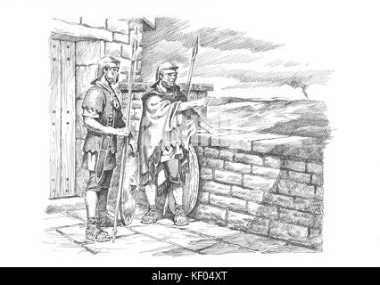 Il Vallo di Adriano. La ricostruzione di disegno linea di soldati vegliano. Sulla base di Denton Hall torretta (7b) a Newcastle upon Tyne. Attribuito a Filippo C Foto Stock