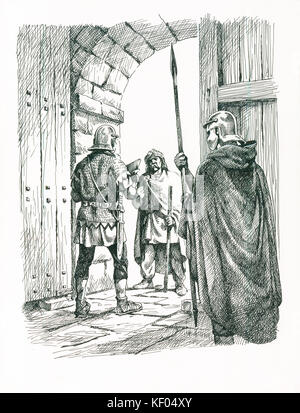 Il Vallo di Adriano. La ricostruzione della linea di disegno di soldati a un gateway. Basato su Poltross Burn Milecastle. Attribuito a Filippo Corke. c.1985 - c.2000. Foto Stock