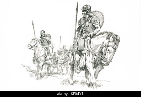 Il Vallo di Adriano. Linea di ricostruzione disegno di soldati romani montato a cavallo. Localizzazione basata su Grindon Milecastle. Attribuito a Filippo Corke. Foto Stock