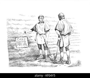 Il Vallo di Adriano. La ricostruzione della linea di stiro a due secondi-secolo soldati romani o lavoratori Romano-British in piedi accanto a inscritto un edificio in pietra Foto Stock