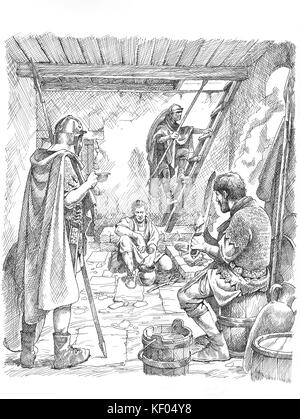 Il Vallo di Adriano. La ricostruzione della linea di disegno del secondo o del terzo secolo soldati romani off-dazio ad una torretta. Sulla base di una delle camere nella Brunton Tu Foto Stock