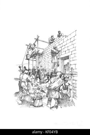 Il Vallo di Adriano. La ricostruzione di disegno linea di soldati impegnati a costruire una torretta sul muro romano, in circa 122annuncio. Basato su Willowford Torretta Est ( Foto Stock