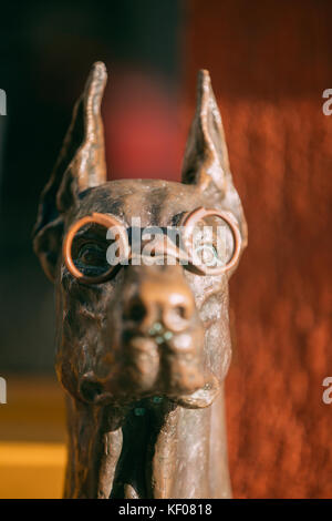 Vilnius, Lituania - 7 luglio 2016: Vista ravvicinata della scultura di bronzo del cane in occhiali vicino all'Optician Shop. Foto Stock