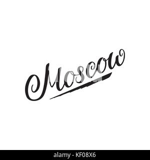 Il logo della città isolata su bianco. etichetta nera o logotipo. vintage calligrafia badge in stile grunge. Grande per t-shirt o poster. MOSCA, RUSSIA Illustrazione Vettoriale