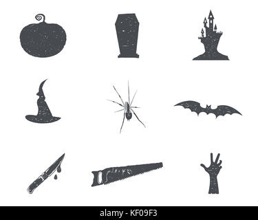 Set di halloween silhouette isons. vintage disegnati a mano festa di Halloween simboli design per celebrare le vacanze. rétro in stile monocromatico. stock isolati su sfondo bianco Foto Stock