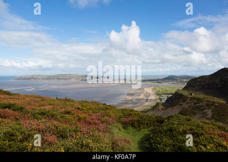 Vista da Conwy montagna attraverso estuario di Llandundo e Great Orme Foto Stock