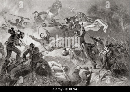 Battaglia dell'isola di Roanoke, 7–8 febbraio 1862. Un incidente nella spedizione Union North Carolina del gennaio-luglio 1862 durante la guerra di secessione americana, quando il generale di brigata Ambrose E. Burnside sbarcò una forza anfibia e conquistò i forti confederati sull'isola. Da Hutchinson's History of the Nations, pubblicato nel 1915. Foto Stock