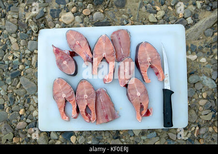 Angolo di alta vista del re pesce salmone tagliato a fettine sul bordo di taglio Foto Stock