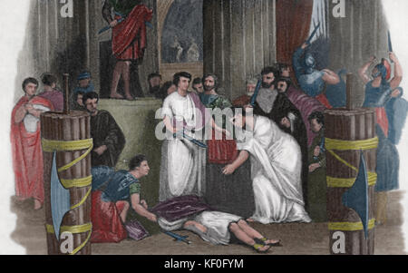 La morte di Giulio Cesare, 44 a.C. Incisione, XIX secolo. Colore. Foto Stock