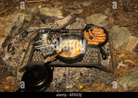 La cottura di una salsiccia verdure sul fuoco. Foto Stock