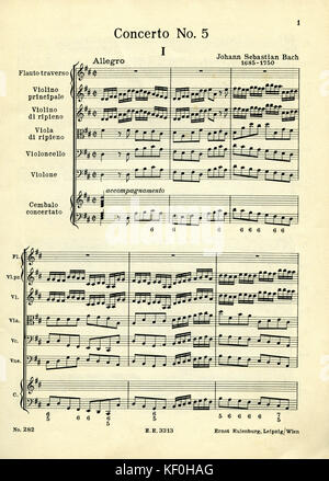 Johann Sebastian Bach 's Brandenburg Concerto No. 5. D major. Composto circa 1721. La prima pagina della partitura stampata. Ernst Eulenburg, Lipsia. n d. Compositore tedesco e organista, 21 marzo 1685 - 28 Luglio 1750 Foto Stock