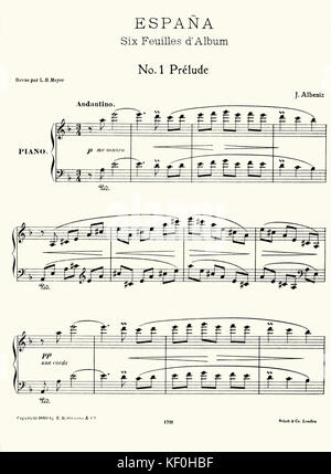 Isaac Albeniz 's "Espana,' Opus 165 per pianoforte, la prima pagina della partitura stampata. Copyright 1890. Pubblicato da Schott , Londra. Compositore spagnolo, 29 maggio 1860 - 8 maggio 1909. Foto Stock