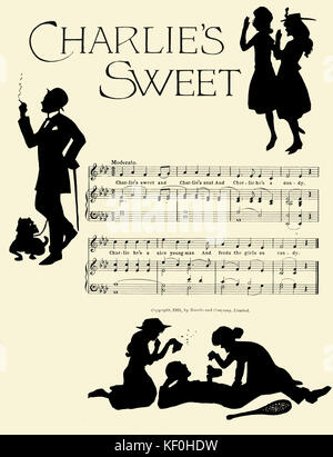 Cecil J. Sharp 's 'Charlie's Sweet" da "Nursery canzoni da monti Appalachi", illustrato da Esther Mackinnon. Punteggio ottenuto e silhouette di illustrazioni. Pubblicato da Novello & Co. di Londra, 1921. Editor inglese e collezionista di canzoni, 22 novembre 1859 - 28 giugno 1924. Foto Stock