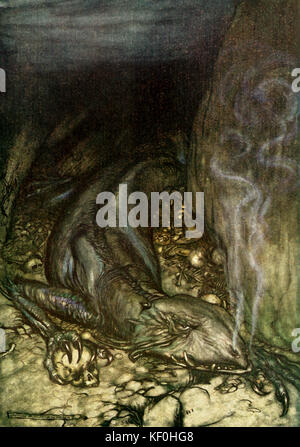 Siegfried di Richard Wagner. Il drago Fafner custodisce il suo tesoro. Illustrazione di Arthur Rackham 1867 - 1939. Didascalia: 'In Dragon's forma ora Fafner orologi il tesoro' Atto 1. Da 'l'anello ciclo' / 'Der Ring des Nibelungen'. RW del compositore tedesco & autore, 22 maggio 1813 - 13 febbraio 1883.