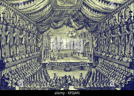 Sogno d'Olympia' da Giuseppe Di Maio. Incisione del 1749 Napoli produzione dal 'Narrazione delle solenne feste reale'. Compositore italiano 1697-1771. Versione oscurata. Foto Stock