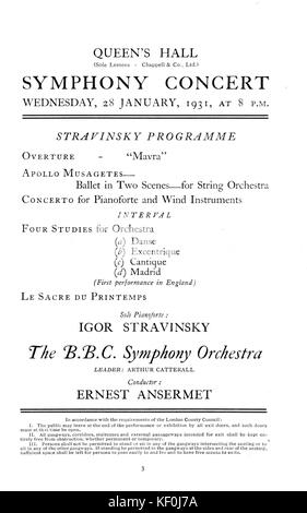 Igor Stravinsky programma per Queens Hall concerto sinfonica 28 gennaio 1931. Include overture per il Mavra, Apollo Musagetes, Concerto per pianoforte e strumenti a fiato, quattro studi per orchestra (Prima esecuzione in Inghilterra), Le sacre du printemps con Igor Stravinsky eseguendo solo pianoforte. Con la BBC Symphony orchestra conductor Arthur Ernest Ansermet. Il compositore russo: 17 giugno 1882 - 6 aprile 1971. Foto Stock