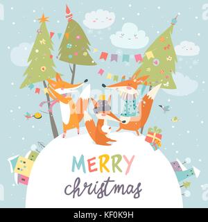 Funny volpi amici festeggiano il Natale Illustrazione Vettoriale