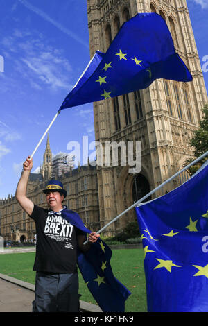 Londra Regno Unito. Il 25 ottobre 2017. Un pro-Europa onde protester bandiere europee al di fuori del palazzo di Westminster la campagna per fermare brexit e gran bretagna lasciando l'Unione europea come primo ministro theresa maggio promette i membri del Parlamento europeo sarà in grado di votare sul finale brexit deal.credit: amer ghazzal/alamy live news Foto Stock