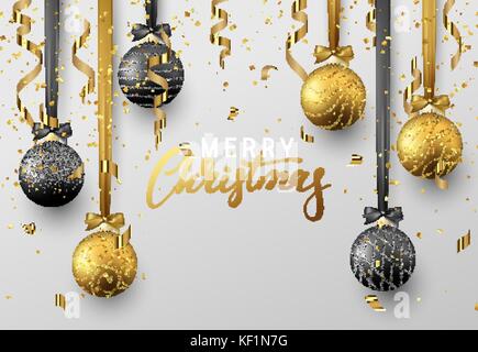 Sfondo di natale con oro lucente e palla nera, serpentine e coriandoli. Illustrazione Vettoriale