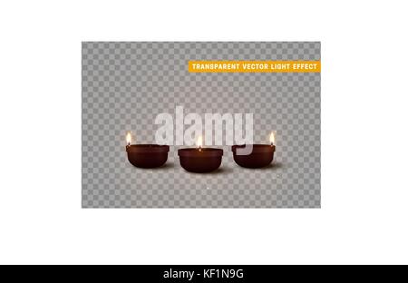 Impostare decorativo di candele accese isolato realistiche. Arredo per diwali celebrazione Illustrazione Vettoriale