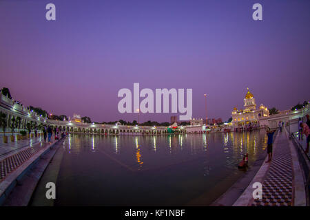 Delhi, India - 19 settembre 2017: persone non identificate swiming e camminare nei pressi del laghetto artificail, con una bella vista del famoso Gurdwara Sikh tempio dorato Harmandir Sahib si riflette nel laghetto artificiale, con uno splendido cielo viola in India Foto Stock