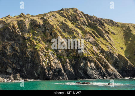 Rocce della costa a Mullion Cove, Cornwall, England Regno Unito Foto Stock