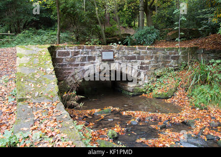 Sheffield, Regno Unito - Jan 2015: Tinker Brook passa sotto un arco in mattoni passerella in Glen Howe park il 18 Gen 2015 vicino a lato Wharncliffe Foto Stock