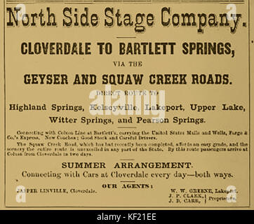 1877 vecchio annuncio per il lato Nord Stadio società USA, Cloverdale a Bartlett molle tramite Geyser e Squaw Creek strade. (Agenti Jasper Linville-Cloverdale; W Greene -Lakeport;) - J.P. Clark e J D Carr proprietari Foto Stock