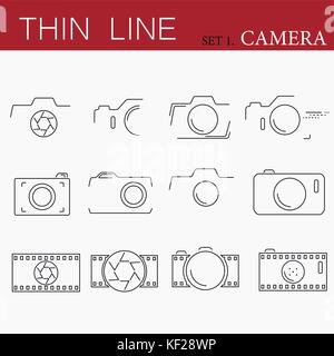 Linea sottile, piatto le icone della telecamera Illustrazione Vettoriale
